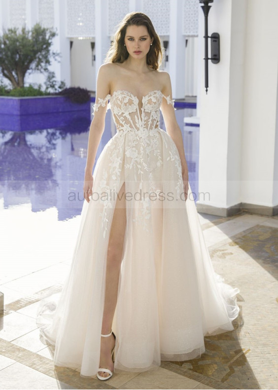 Ivory Lace Tulle Slit Sexy Wedding Dress With Detachable Straps